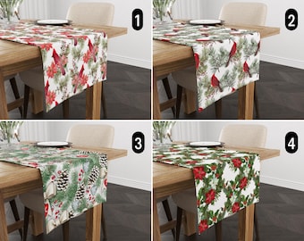 Red Cardinals & Poinsettias Table Runner, Christmas Pine Tree Kitchen Runner, Winter Cardinal Bird and Red Flower Table Cover, Rustic Decor