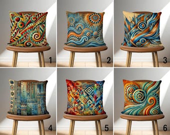 Colorful Ethnic Abstract Pillow Case, Eclectic Style Handmade Accent Pillow Cover, Blue Orange Red Green Cushion Cover, Any Size, Euro Sham