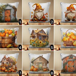 May include: Set of 10 throw pillow covers featuring various autumnal designs. The designs include a gnome, pumpkins, a house, and a barn. The pillow covers are made of a soft, comfortable fabric and are perfect for adding a touch of autumn to your home decor.
