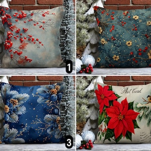 Federa per cuscino con stelle di Natale e bacche invernali, federa per cuscino con pigne di Natale boho, federa per cuscino floreale per le feste, arredamento rustico da fattoria