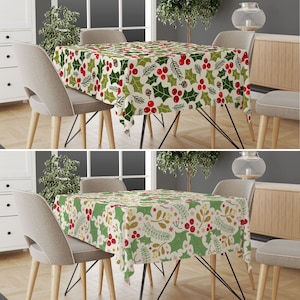 Mistletoe Tablecloth, Christmas Holly Berry Tablecloth, Red & Green Floral Xmas Table Cover, Christmas Decor, Noel Table Textile