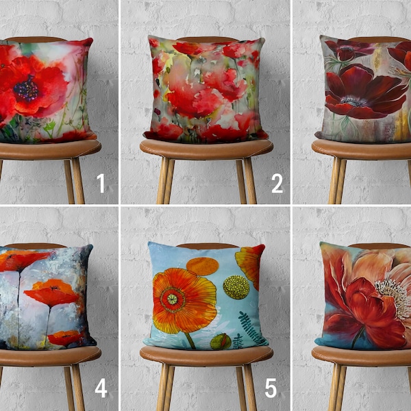 Red Poppy Pillow Cover, Flowers Cushion Cover, Decorative Lumbar Pillow Case, Any Size Pillow, Floral Home Decor, Cover Only, 18x18 16x16
