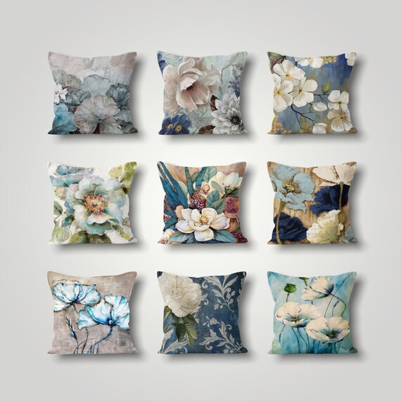 Blue Flower Pillow Cover Floral Painting Pillow Case Summer Etsy