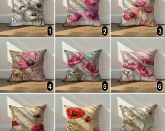 Vintage Pink Poppy Pillow Cover, French Script Floral Cushion Case, Shabby Chic Decor
