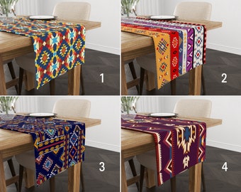 Tribal Design Table Runner, Colorful Vibrant Aztec Print Runner, Ethnic Purple Blue Yellow Tablecloth, Apartment Decor, Any Size Runner