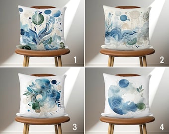 Abstract Blue Watercolor Style Pillow Case, Blue Green Beige Organic Shapes Throw Pillow Cover, Minimalist Modern Cushion Cover, Euro Sham