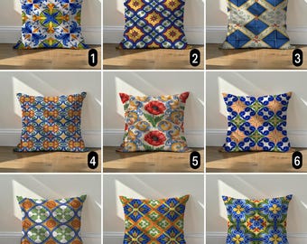 Vibrant Italian Tile Cushion Cover, Spanish Blue Yellow Pillow Case, Summer Coastal Decor