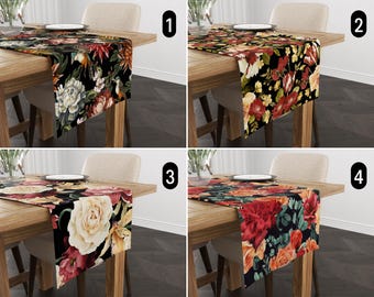 Boho Dark Floral Table Runner, Elegant Vintage Classic Style Flowers Table Runner, Botanical & Romantic Luxurious Runner, Dining Room Decor