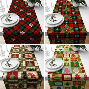 May include: Four different table runners with various Christmas patterns. The patterns include red and green plaid, a patchwork design with Christmas trees and ornaments, and a red and green plaid with snowflakes.