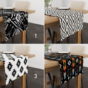 May include: Four different table runners with geometric patterns. The runners are black and white with geometric designs. The runners are on wooden tables with a white background.