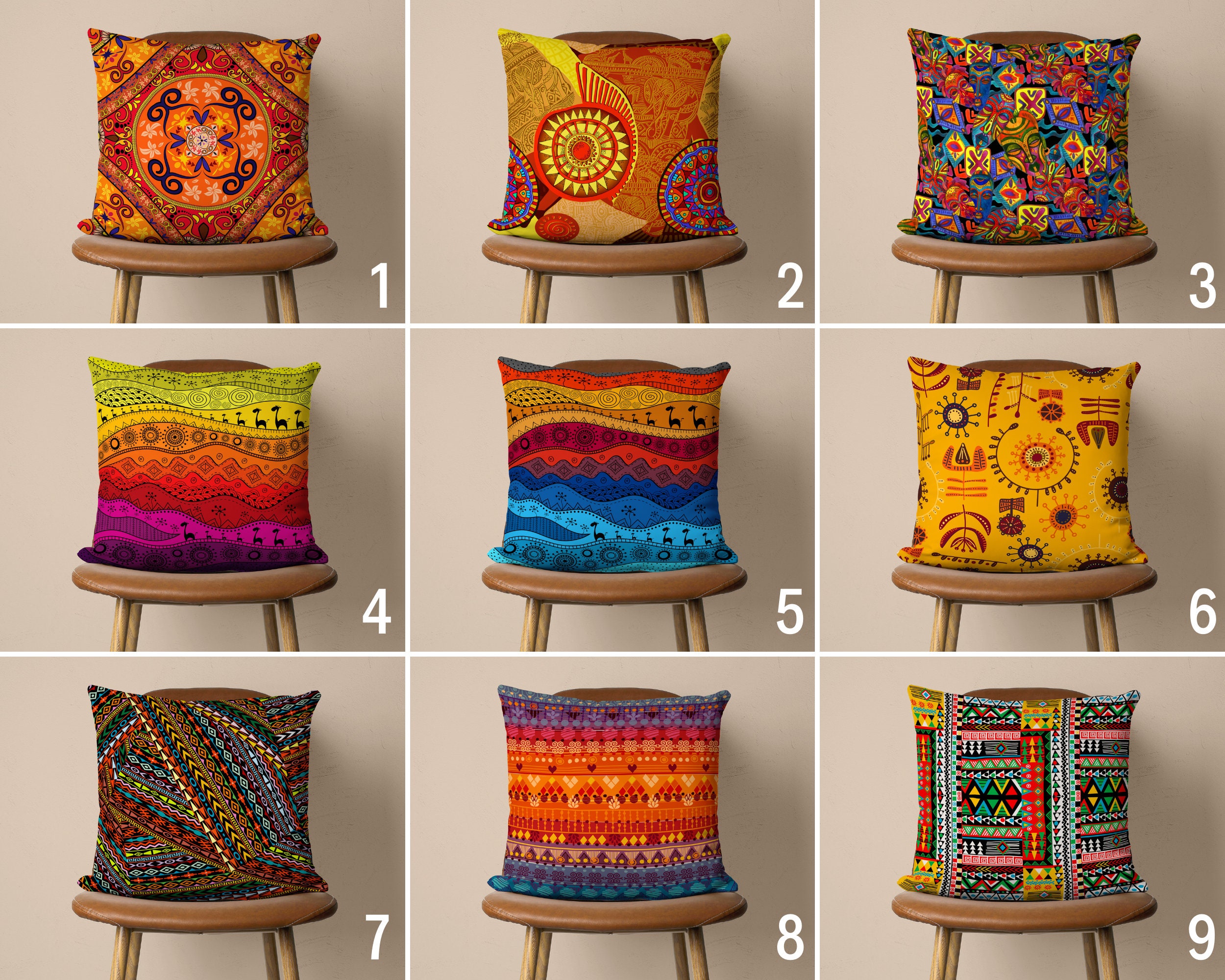 Ethnic Vivid Abstract Pillow Case, Authentic Yellow Orange Blue Pillow Cover, Bright Vibrant Boho Cushion Cover, Any Size, Eclectic Decor