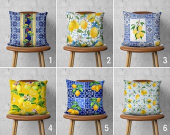Lemon & Tile Design Pillow Cover, Spanish Italian Blue Yellow Throw Pillow Case, Fresh Summer Citrus Cushion Cover, Euro Pillow Sham, 20x20