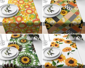 Zonnebloem design tafelloper, zomerbloemen loper, bloemen tafelkleed, tafelkleed zonnebloem, decor boerderij, gele en groene tafelloper