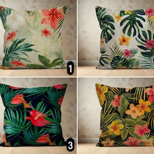 Tropical Flowers Throw Pillow Case, Exotic Floral Hawaiian Jungle Pillow Cover, Hibiscus & Plumeria Cushion Cover, Boho Summer House Decor