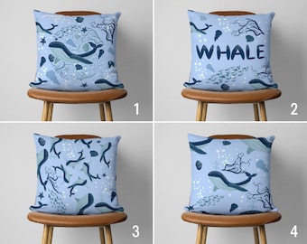 Whale Throw Pillow Cover, Blue Coastal Cushion Cover, Nautical Pillow Cover, Ocean House Decor, Toss Pillow Cover, 12x16, 12x20, 14x22
