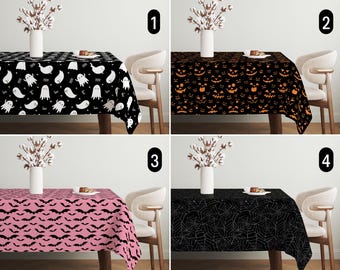 Spooky Halloween Tablecloth, Ghost & Bat Design Tablecloth, Jack-O-Lantern and Cobweb Tablecloth, Dining Room Decor, Fall Farmhouse Decor
