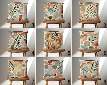 Abstract Boho Throw Pillow Cover, Abstract Leaves and Shapes Cushion Cover, Watercolor Bohemian & Modern Pillow Case, Living Room Decor