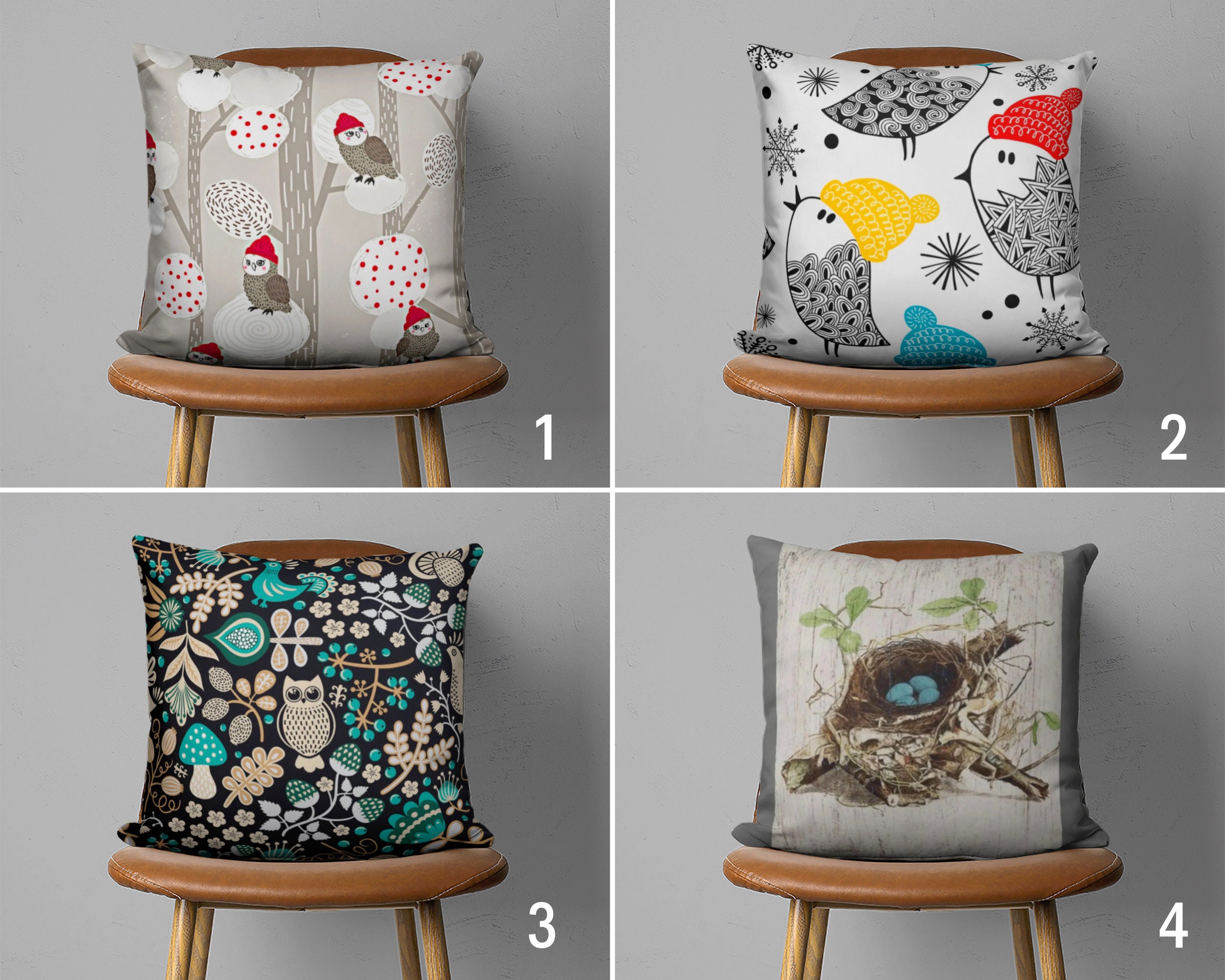Cute Owl Throw Pillow Cover, Bird Pattern Cushion Cover, Owl on Branch Pillow Case, Boho Home Decor,