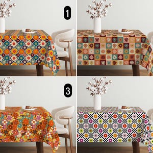 Retro Floral Abstrakte Tischdecke, Nostalgische Mid Century Modern Tischdecke, Groovy Orange Grün Tischdecke Kariert Design, Esszimmer Dekor