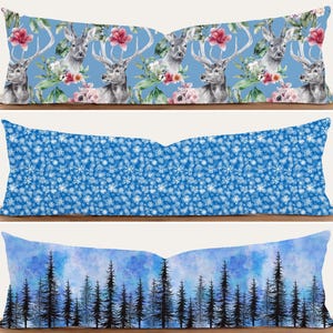 Copricuscino lombare blu per le vacanze invernali, copricuscino lungo con fiocco di neve, cervo e foresta di pini, copricuscino natalizio rustico e accogliente di grandi dimensioni