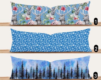 Blue Winter Holiday Lumbar Pillow Cover, Long Snowflake Deer & Pine Tree Forest Cushion Cover, Oversized Cozy Rustic Christmas Pillow Cover