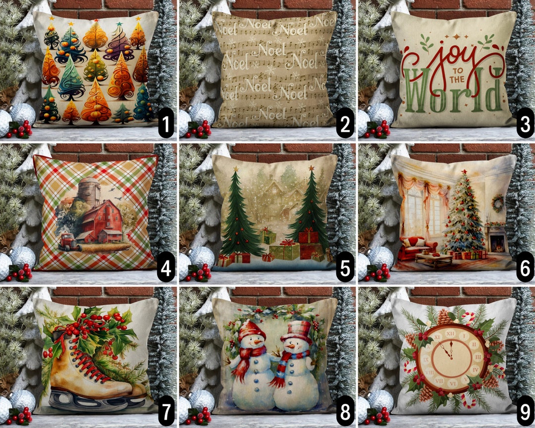 Vintage Style Christmas Pillow Cover, Beige Red Green Holiday Throw ...