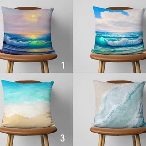 Housse de coussin avec vue sur la côte, taie d'oreiller ondulée bord de mer, housse de coussin peinture bord de mer, décoration d'intérieur marine, décoration nautique bleue, housse uniquement