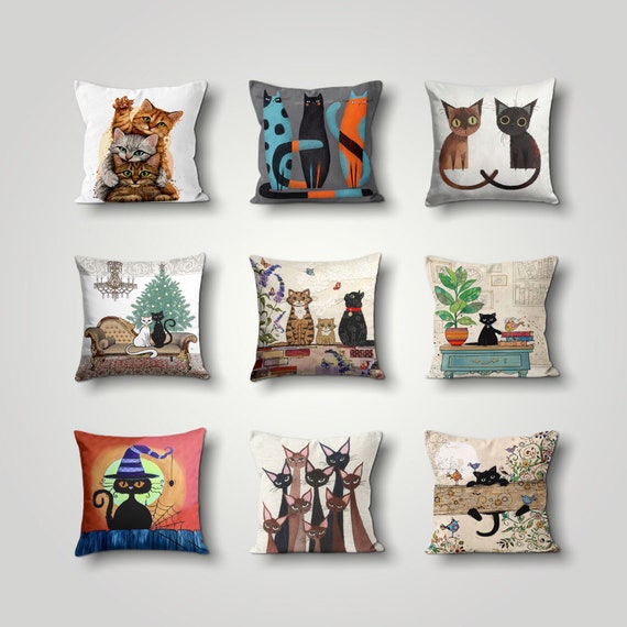 Pillow cover embroidery - cotton - cats on the roof