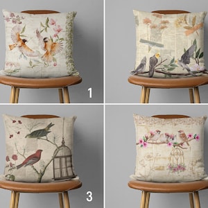 Bird Design Pillow Cover, Vintage Style Floral Pillow Case, Little Cute Birds Cushion Cover, Beige Farmhouse Decor, Spring Pillow Decor
