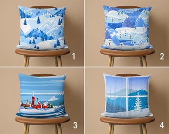Winter Scenery Pillow Cover, Snowy View Cushion Cover, Blue & White Landscape Pillow Case, Christmas Decors, New Year Gift, Any Size Pillow
