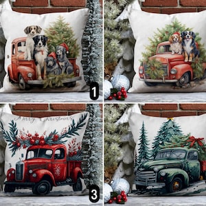 Federa per cuscino natalizio vintage per camion, federa per cuscino natalizio rosso e verde per camion, federa per cuscino con alberi di pino e cani, arredamento accogliente per la casa