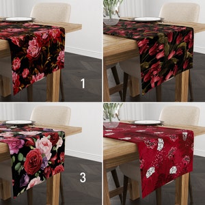 Claret Red & Black Floral Table Runner, Bordeaux Flowers Kitchen Runner, Burgundy Runner, Maroon Centerpiece, All Sizes, Boho Decoration