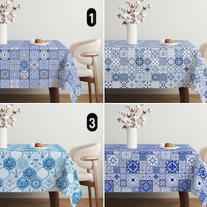 Blue Vintage Tiles Tablecloth, Mediterranean Italian Spanish Portuguese Mosaic Style Digital Print Tablecloth, Unique Summer Tablecloth,