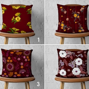 Claret Red Flowers Pillow Cover, Floral Bordeaux Red Pillow Cover, Maroon Cushion Cover, Burgundy Farmhouse Decor, Any Size Pillow, 18x18