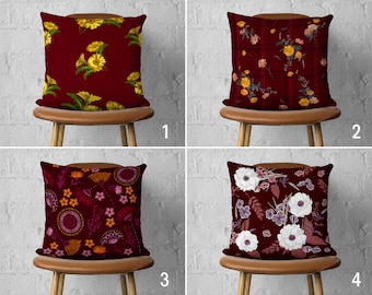 Claret Red Flowers Pillow Cover, Floral Bordeaux Red Pillow Cover, Maroon Cushion Cover, Burgundy Farmhouse Decor, Any Size Pillow, 18x18