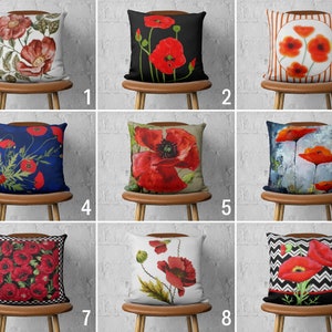 Poppy Flowers Pillow Cover, Red Floral Cushion Cover, Farmhouse Pillow Case, Any Size Pillow, Euro Pillow Sham, Handmade Pillow, Cover Only