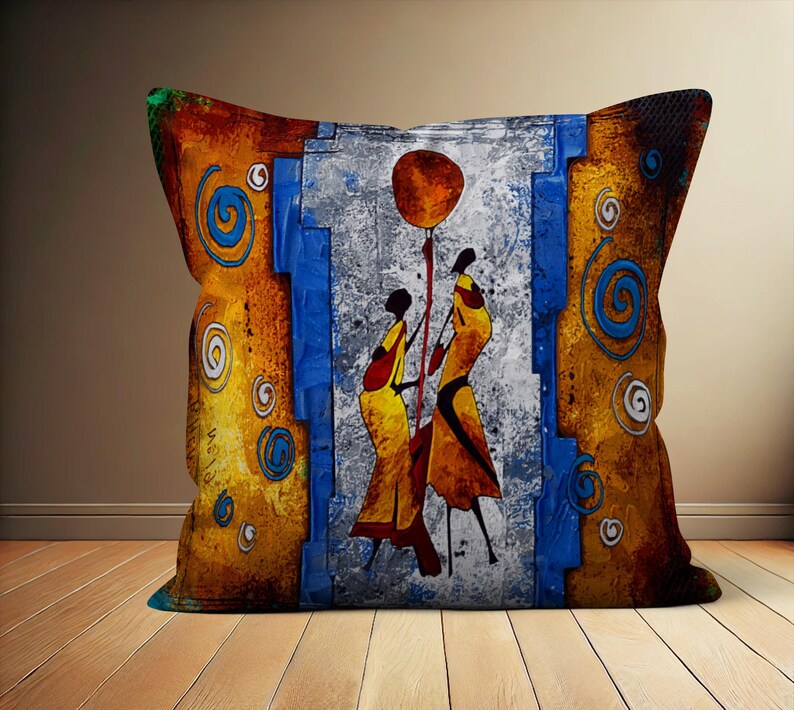 African Silhouette Art Pillow Cover, Ethnic Boho Abstract Painting