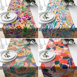 Colorful Flowers & Leaves Table Runner, Vivid Floral Kitchen Runner, Multi-Colored Summer Tablecloth, Lively Bright Dining Room Table Linens