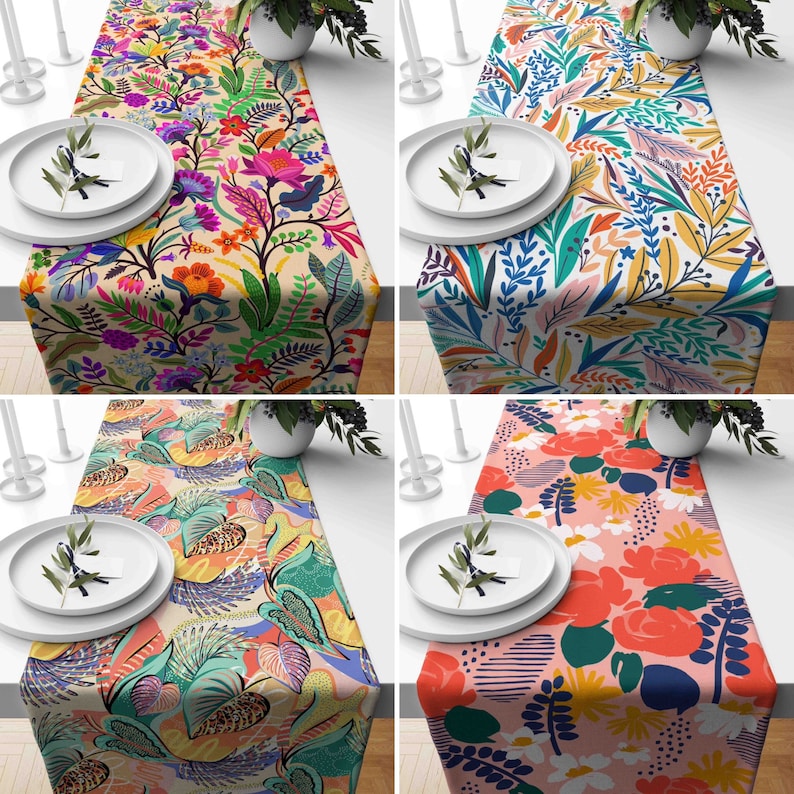 Colorful Flowers & Leaves Table Runner, Vivid Floral Kitchen Runner ...