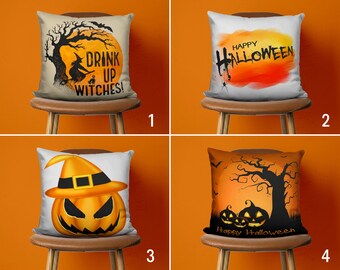 Happy Halloween Throw Pillow Cover, Orange Pumpkin Cushion Cover, Witch Pillow Case, Handmade Halloween Gift, Autumn Decor, 16x16, 12x20