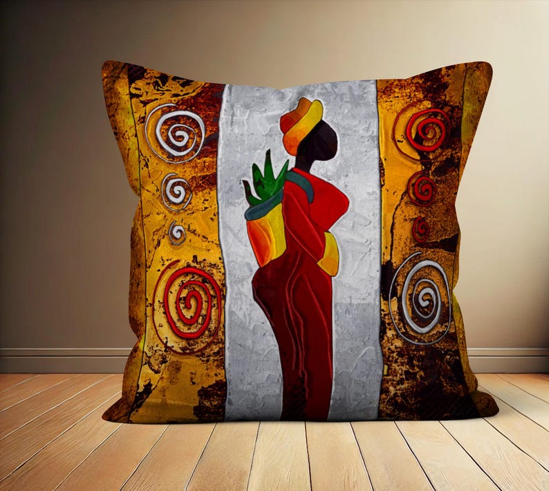 African Silhouette Art Pillow Cover, Ethnic Boho Abstract Painting