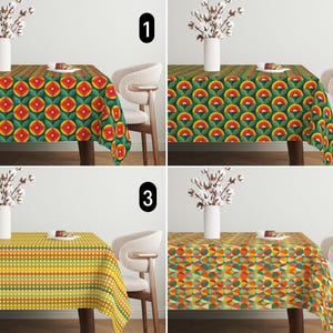 Retro Boho 70s Style Tablecloth, Abstract Mid Century Modern Tablecloth, Green Orange Yellow Circles & Flowers Design Custom Tablecloth