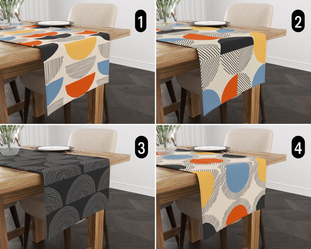 Mid Century Modern Geometric Abstract Table Runner, Brown, Blue Beige Retro Table Decor