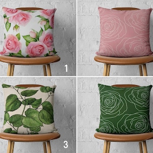 Rose Flower Pillow Cover, Pink & Green Pillow Cover, Floral Cushion Cover, Any Size Pillow, Euro Pillow Sham, Handmade Pillow, Cover Only