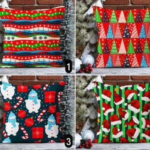 Federa per cuscino natalizio rosso verde blu vivido, federa per cuscino con accento natalizio gioioso, fodera per cuscino per albero di pino con pupazzo di neve e cappello di Babbo Natale, decorazione per Capodanno