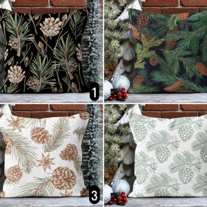 Federa per cuscino con pigne, federa per cuscino con rami sempreverdi verdi e marroni, federa per cuscino natalizio rustico e floreale, decorazione boho