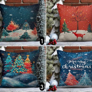 Federa per cuscino con motivo foresta di pini invernali, federa per cuscino con paesaggio boschivo sempreverde festivo, federa per cuscino natalizio innevato blu e rosso, 20x20