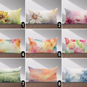 Watercolor Flowers Lumbar Pillow Cover, Colorful Pastel Floral Pillow Case, Abstract Spring & Summer Blooms Cushion Cover, Living Room Decor