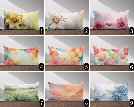 Watercolor Flowers Lumbar Pillow Cover, Colorful Pastel Floral Pillow Case, Abstract Spring & Summer Blooms Cushion Cover, Living Room Decor
