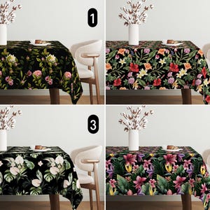 Tropical Flowers Tablecloth, Florals & Jungle Leaves on Black Background Tablecloth, Exotic Botanical Tablecloth, Luxury Dining Room Decor
